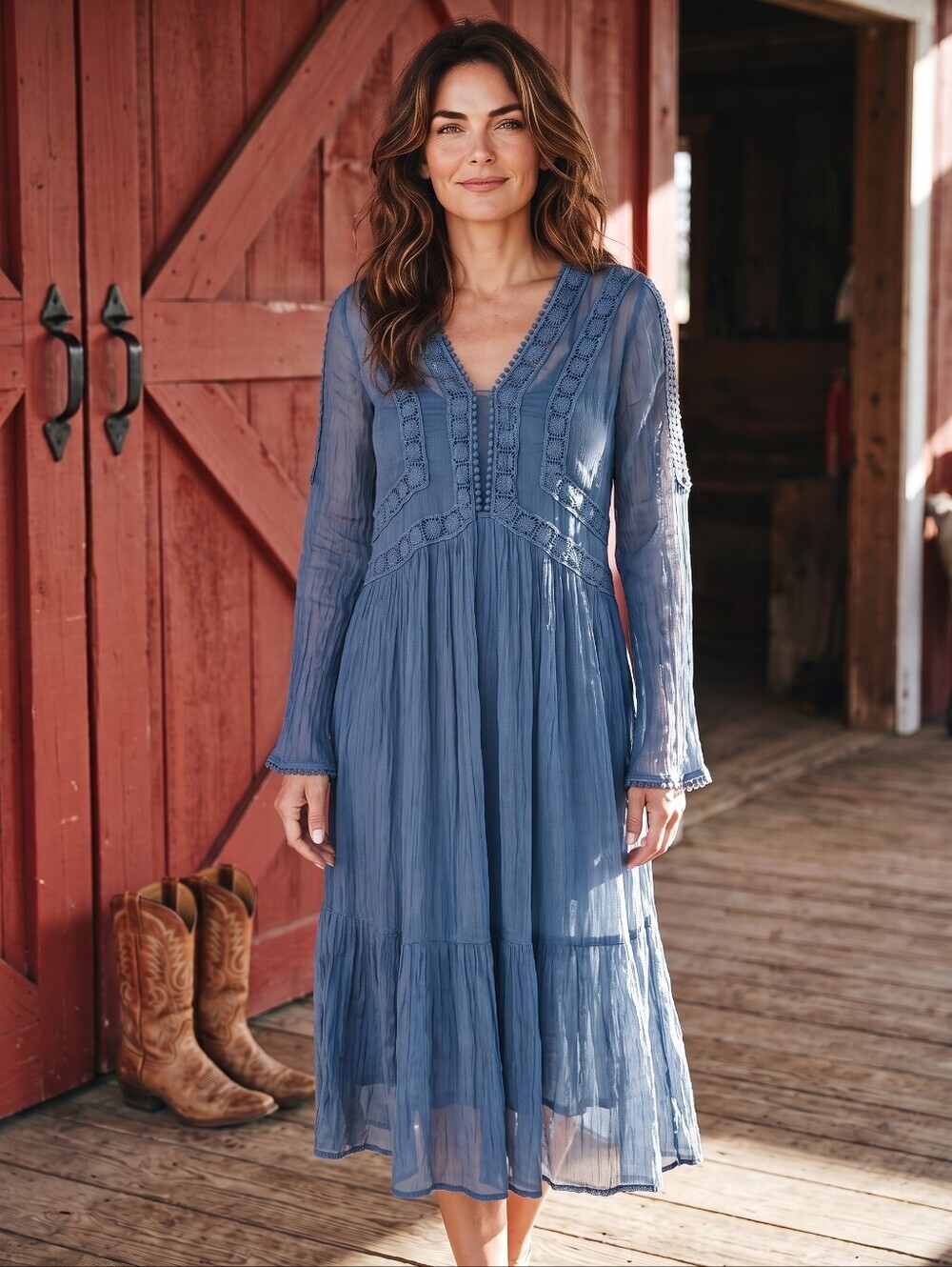 Sundance Dusty Blue Crochet-Trim V-Neck Long Sleeve Midi Dress